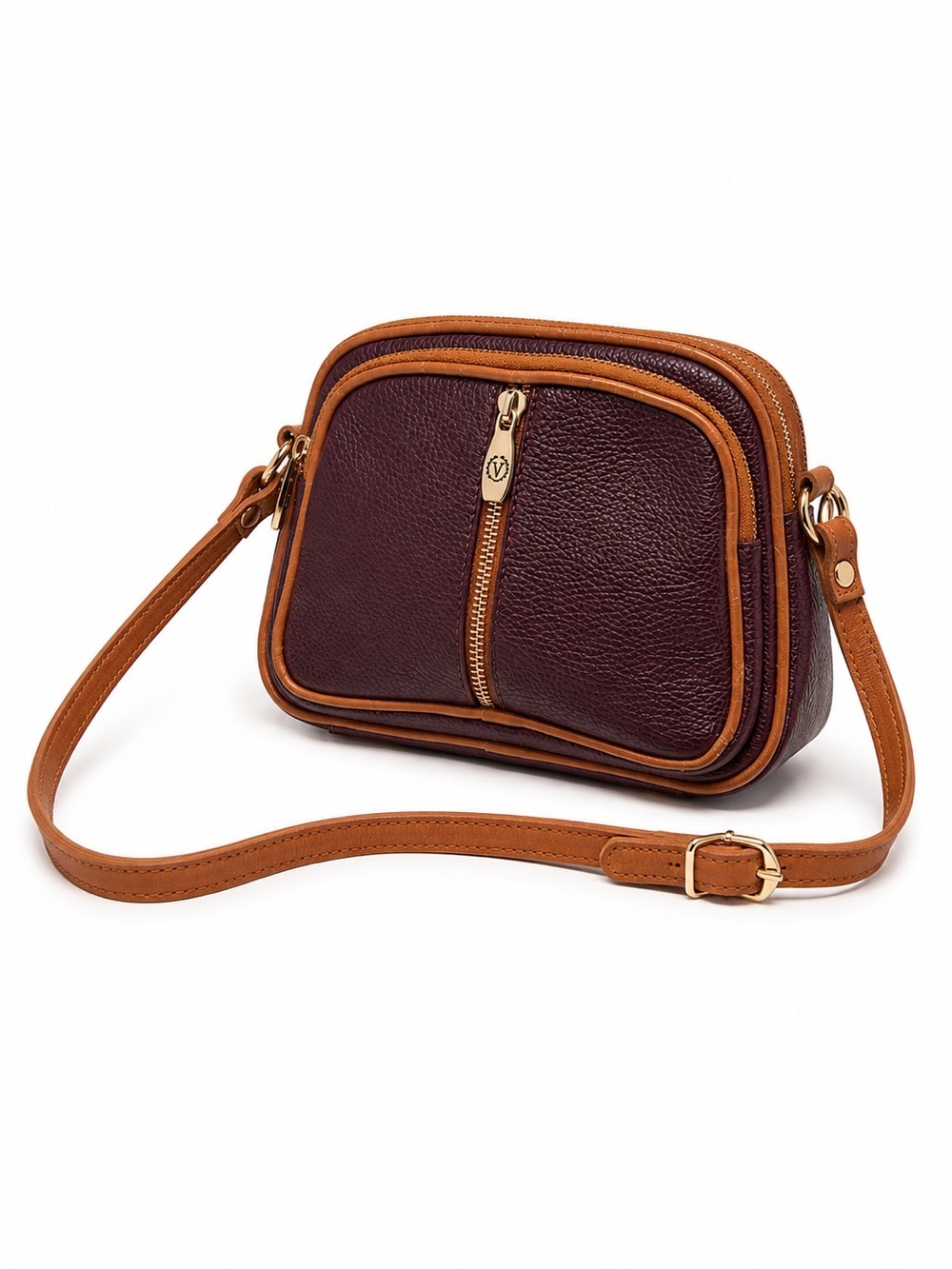 Valentina Made in Italy Burgundy Genuine Leather Double Zip Camera Crossbody Bag